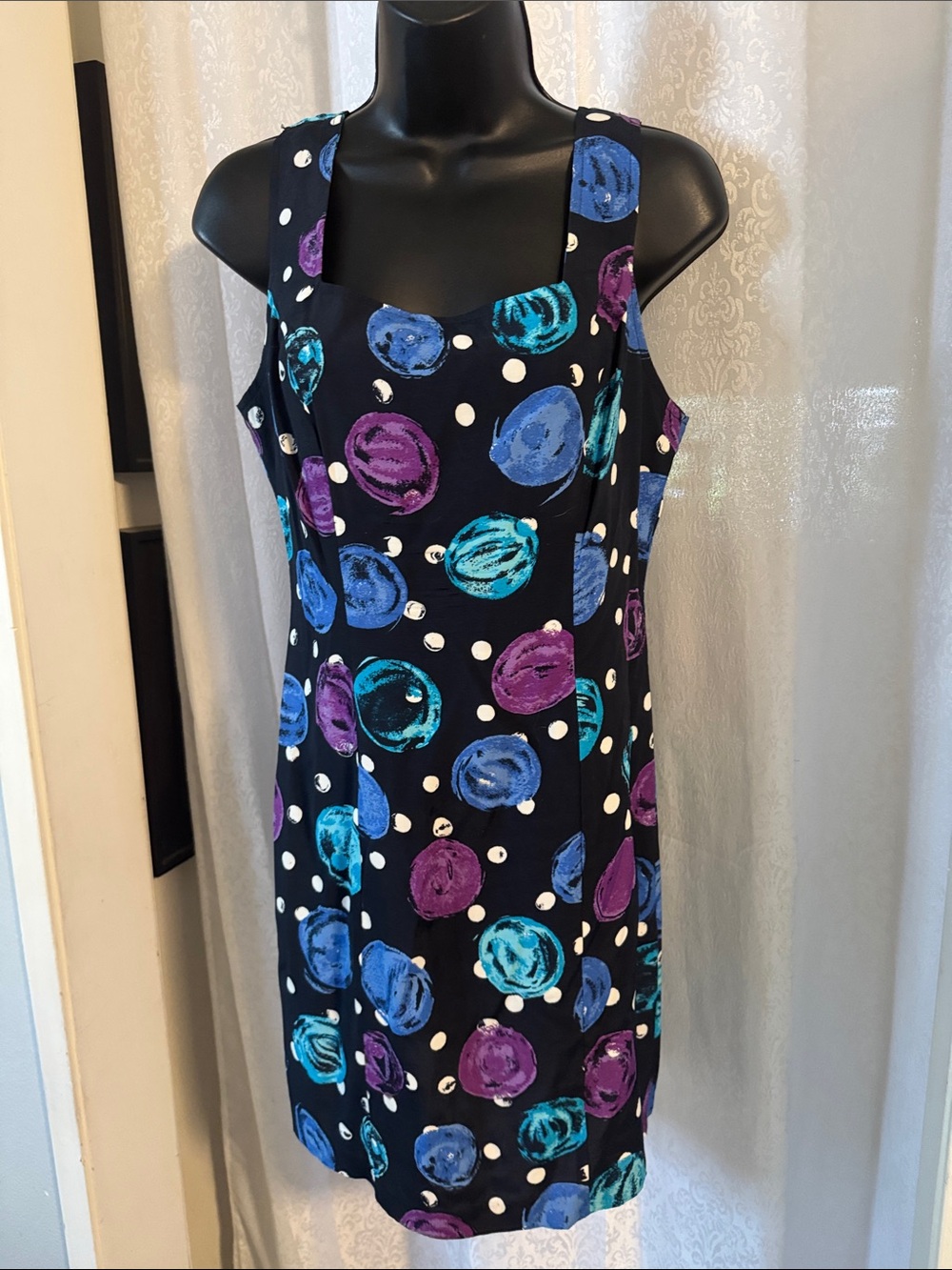 DECKED OUT Sleeveless Black Shift Dress with Blue & Purple Dot Print. SZ: 7/8